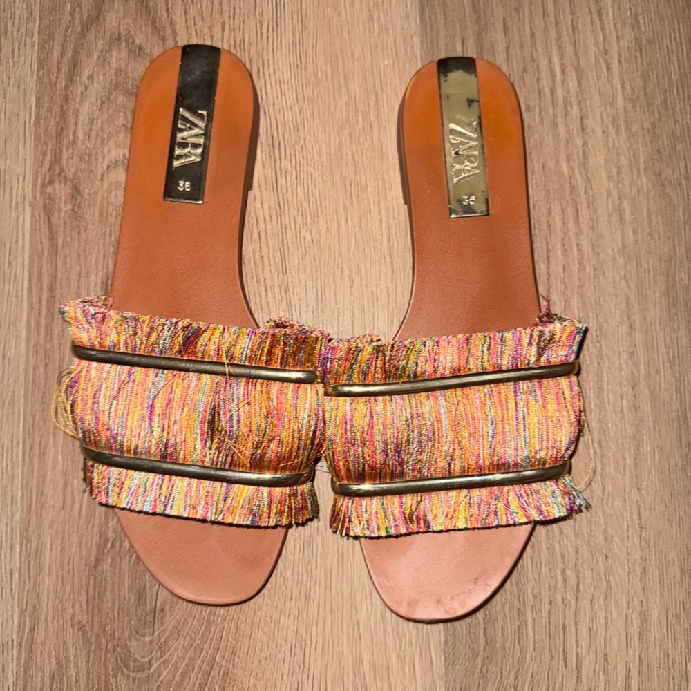 Zara Vibrant Multicolor Fringe Slide Sandals